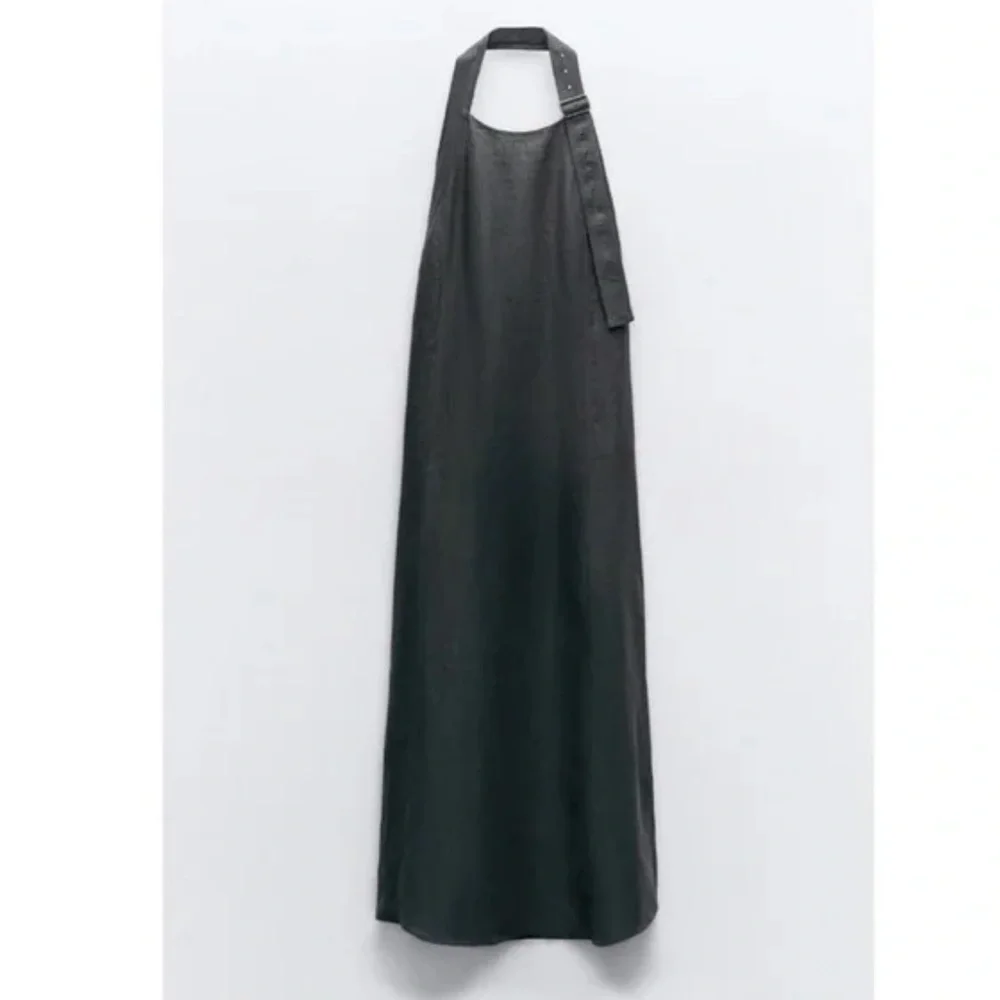 ZARA 100% Linen Halter Midi Dress Grey Medium Bloggers Favorite Coastal Beach